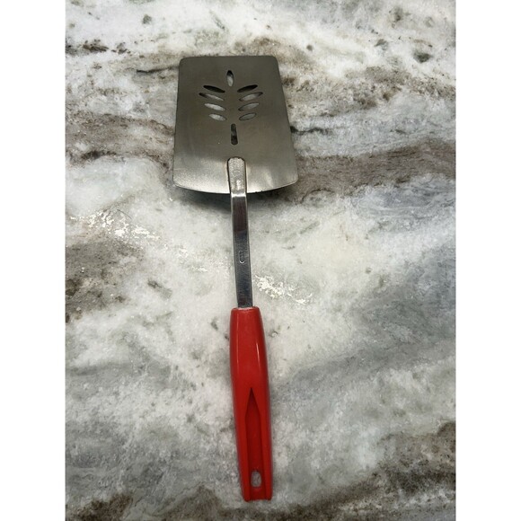 Vintage Metal Slotted Spatula Flipper Turner Red Handle 11” Leaf Design Kitchen - Picture 2 of 9